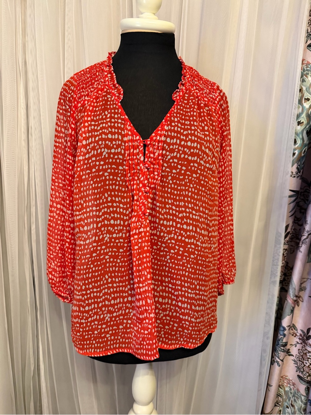 ❤️ Collective Concepts Red & White Abstract Print Sheer Blouse | XSP Petite